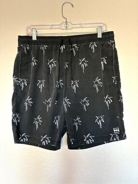 Billabong Black Swim Trunks with White Palm Tree Motif Beach Coastal Surf Size M